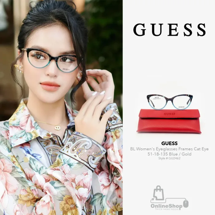 Kính Gọng Cận Nữ Hàng Ngoại GUESS GU2462 BL Women's Eyeglasses Frames Cat Eye 51-18-135 Blue / Gold | USA-hang-ngoai-nhap