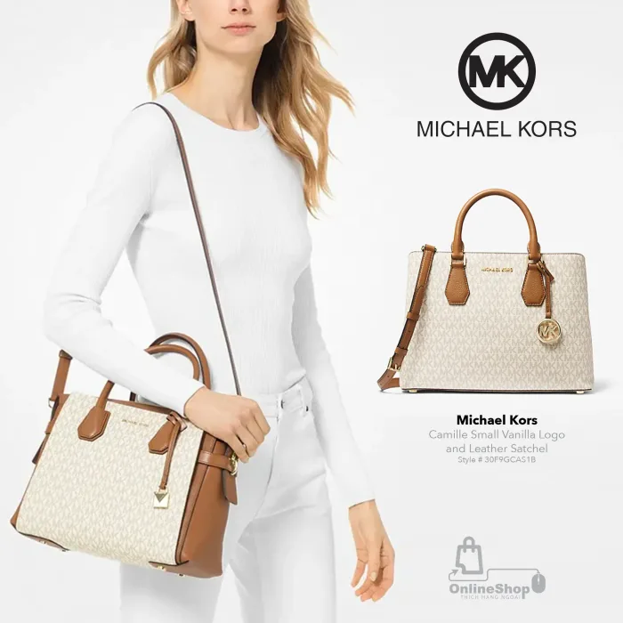 Túi Xách Nữ Xách Tay Michael Kors MK Camille Small Logo And Leather Satchel 30F9GCAS1B-Vanilla | USA-hang-ngoai-nhap