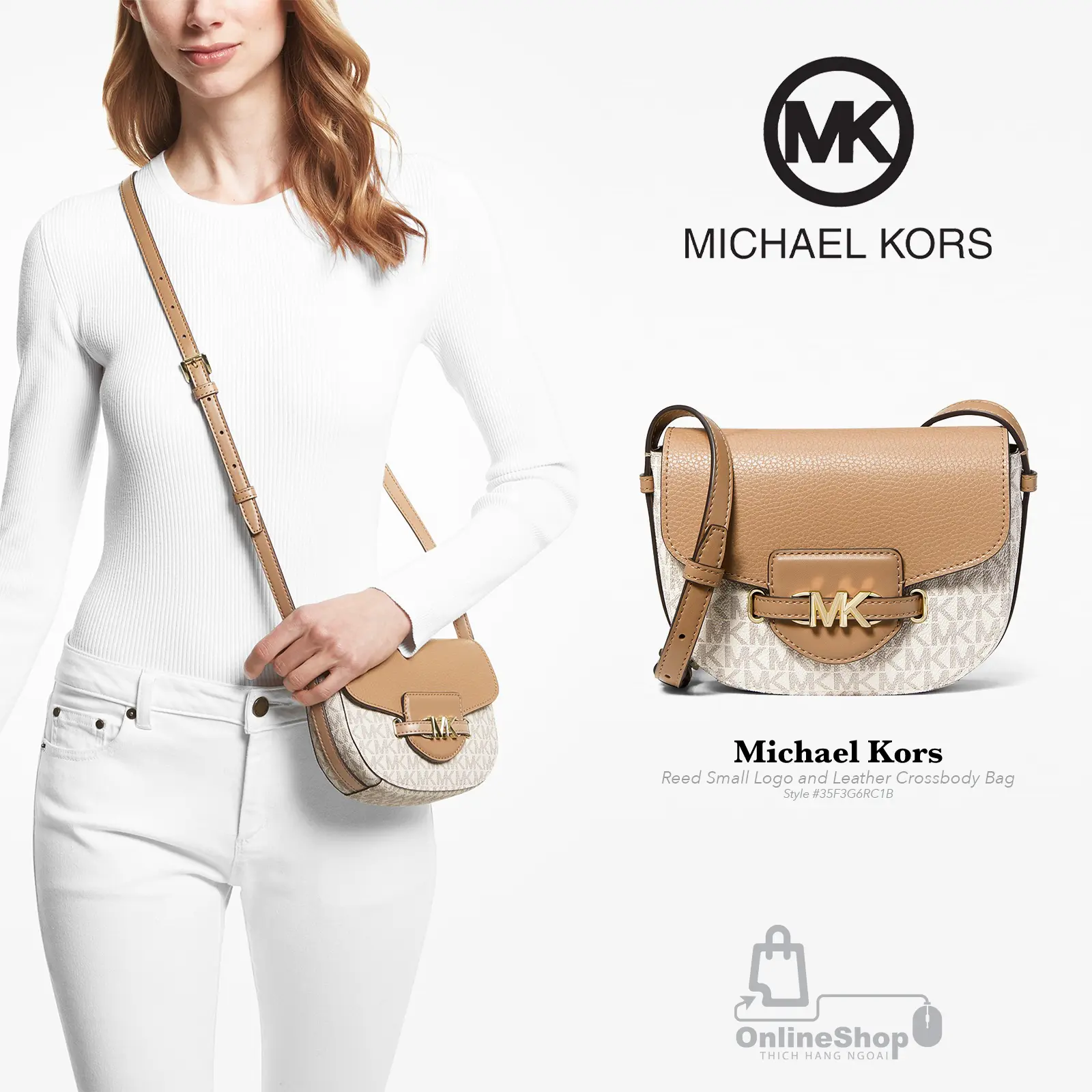 Túi Đeo Chéo Nữ Michael Kors Reed Small Logo and Leather Crossbody Bag (Camel) 35F3G6RC1B | USA-hang-ngoai-nhap