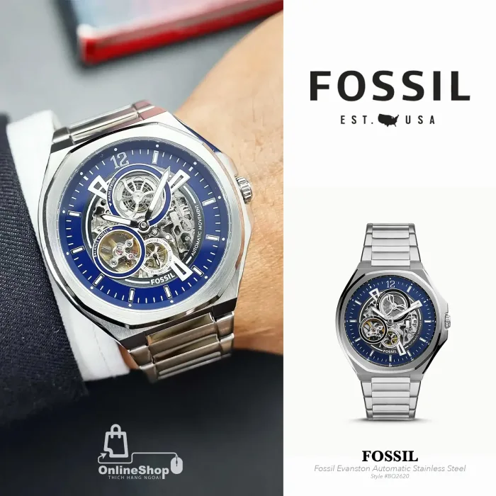 Đồng Hồ Nam Đẹp Fossil Evanston Automatic Stainless Steel Men Watch BQ2620 | USA-hang-ngoai-nhap