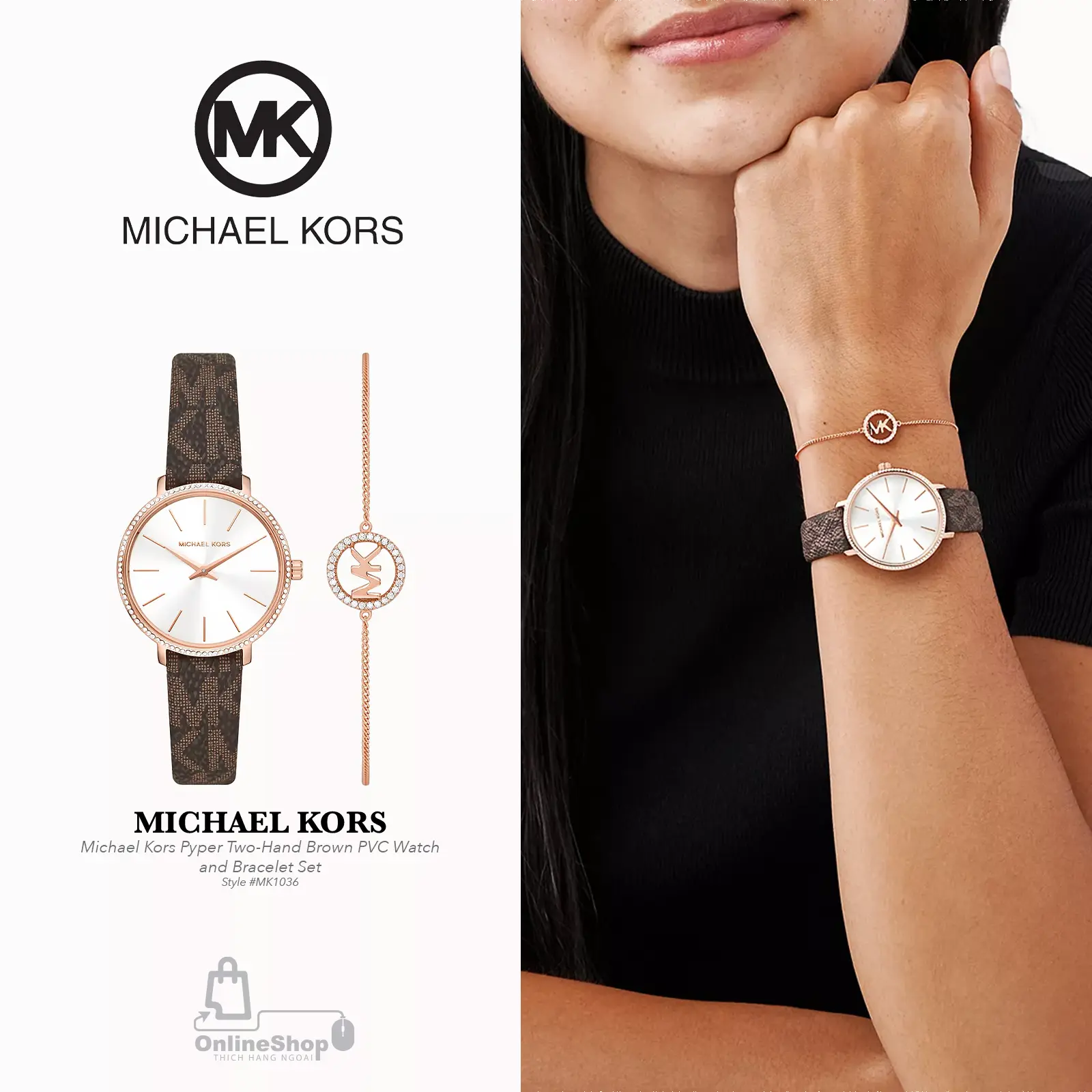 Michael Kors Pyper Two-Hand Brown PVC Watch and Bracelet Set-hang-ngoai-nhap