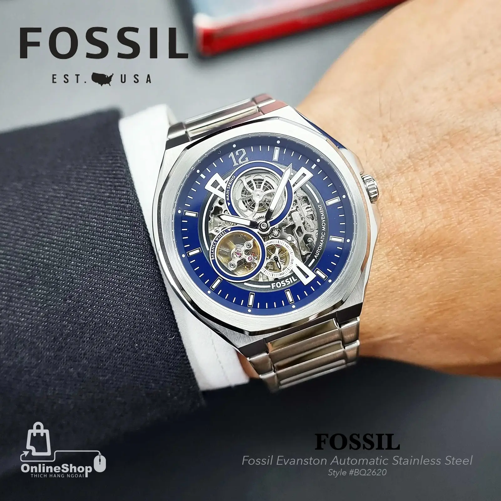 Đồng Hồ Thời Trang Nam Fossil Evanston Automatic Stainless Steel Men Watch BQ2620 | USA-hang-ngoai-nhap