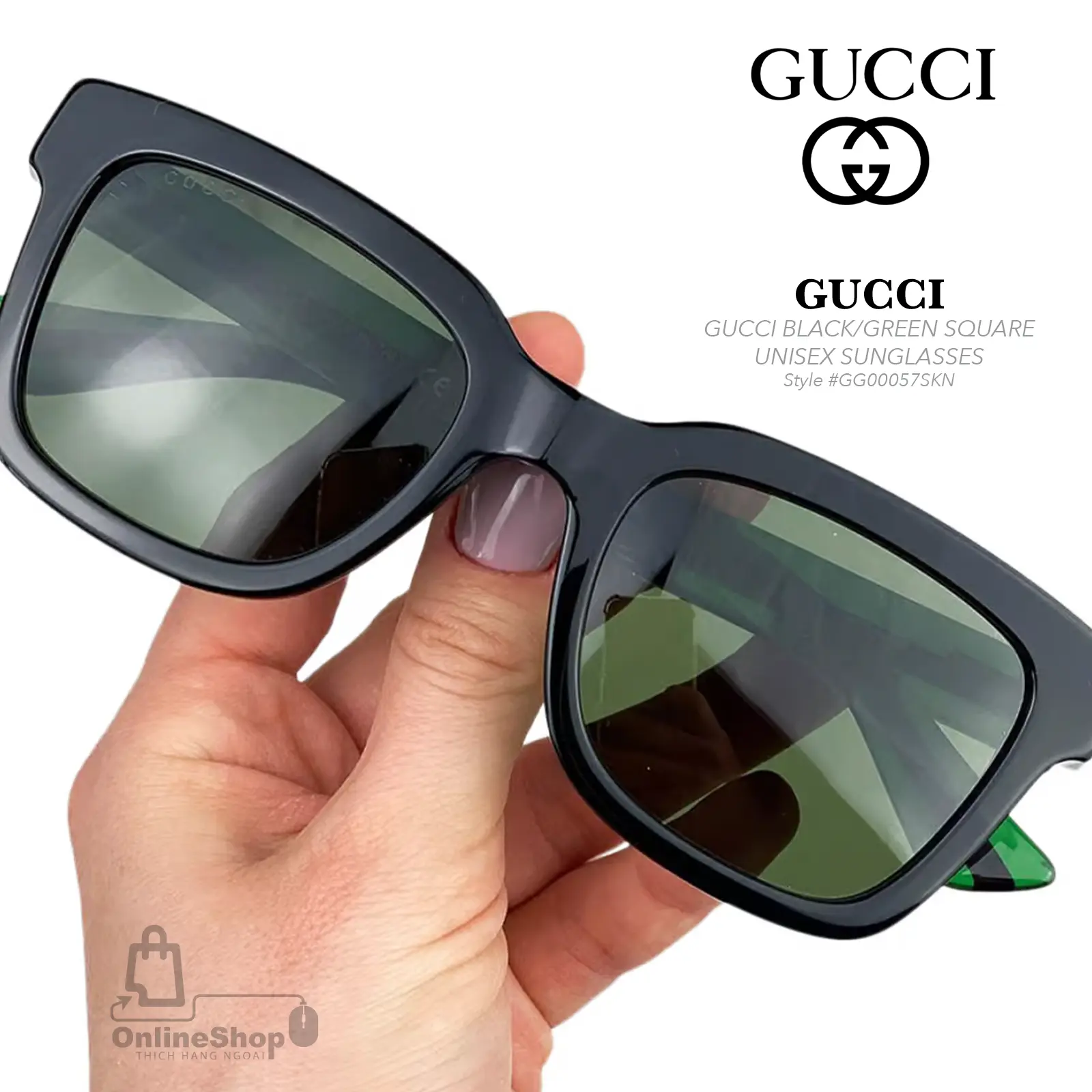 Mắt Kính Authentic GUCCI BLACK/GREEN SQUARE UNISEX SUNGLASSES GG00057SKN | Italy-hang-ngoai-nhap