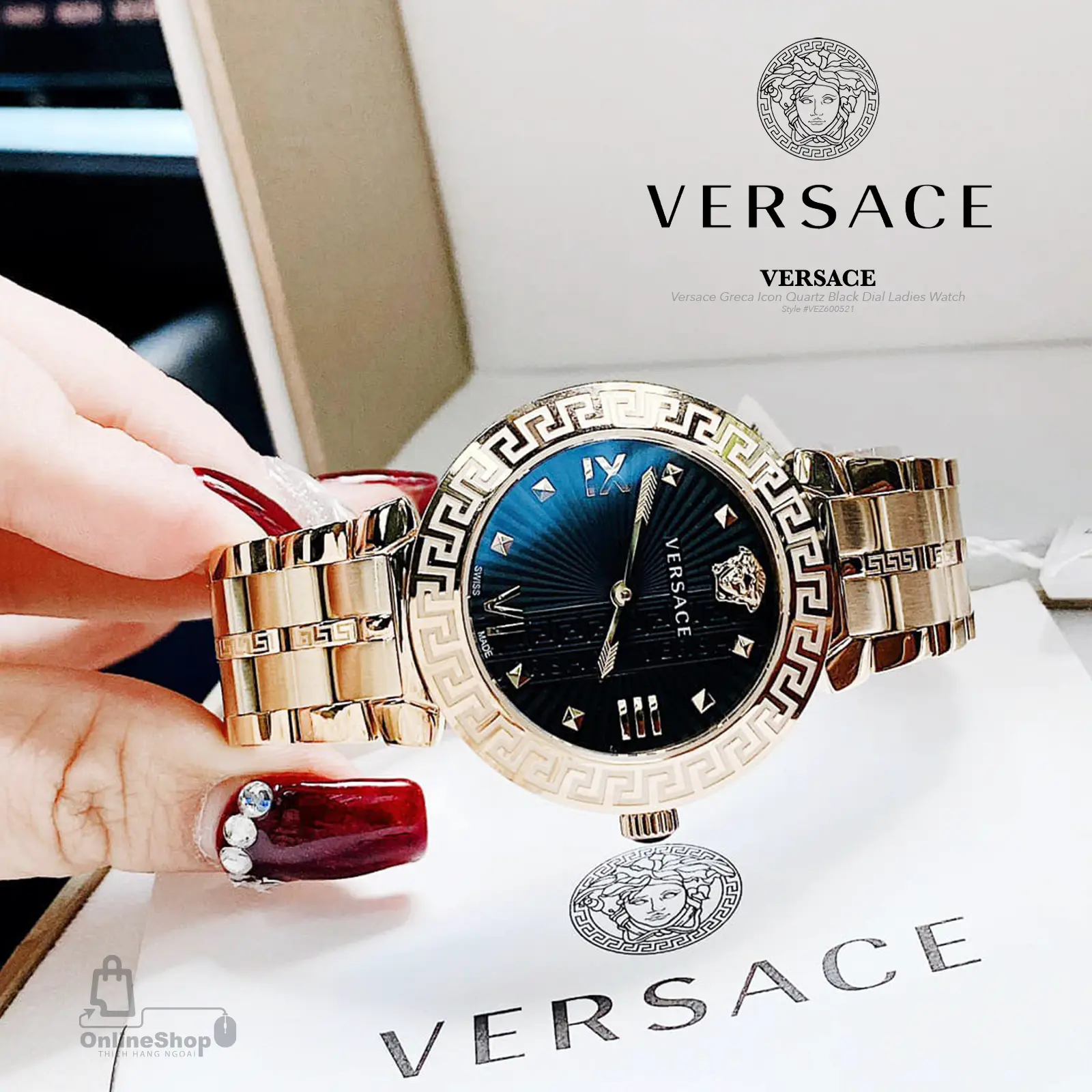 Đồng Hồ Nữ Dây Kim Loại Versace Greca Icon Quartz Black Dial Ladies Watch VEZ600521 | Italy-hang-ngoai-nhap