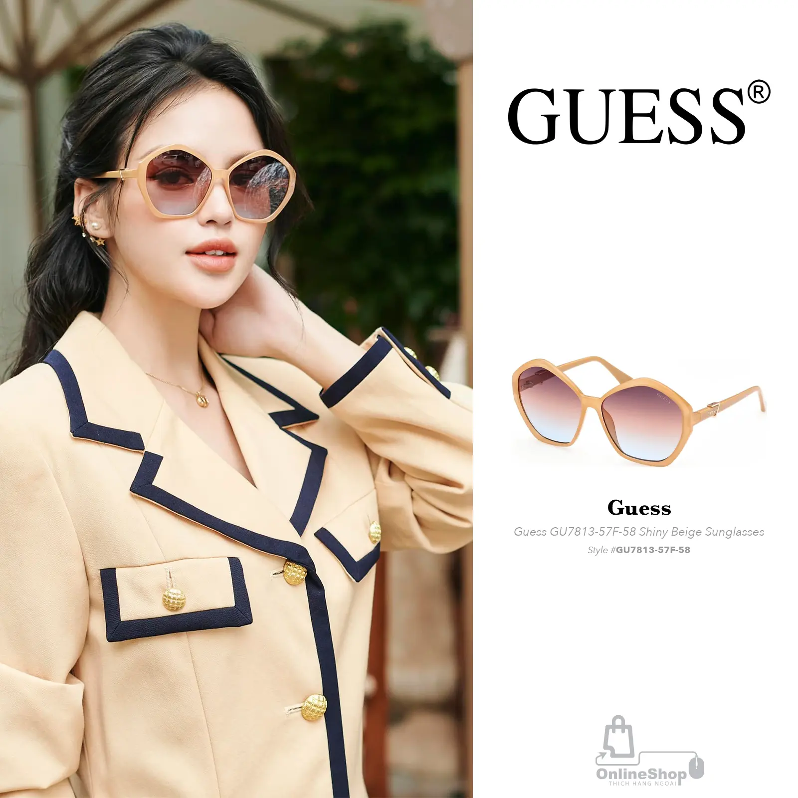 Mắt Kính Đẹp Guess GU7813-57F-58 Shiny Beige Sunglasses-New-xu-huong-thoi-trang